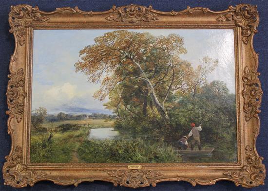 James Peel (1811-1906) Punting on a country stream, 16 x 24in.